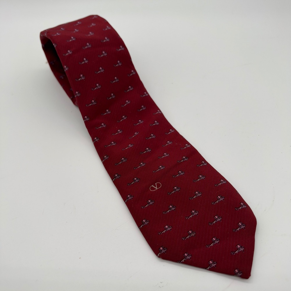 Valentino Cravatte Mens Silk Tie Red Biplane Airplane Print Made in Italy 840